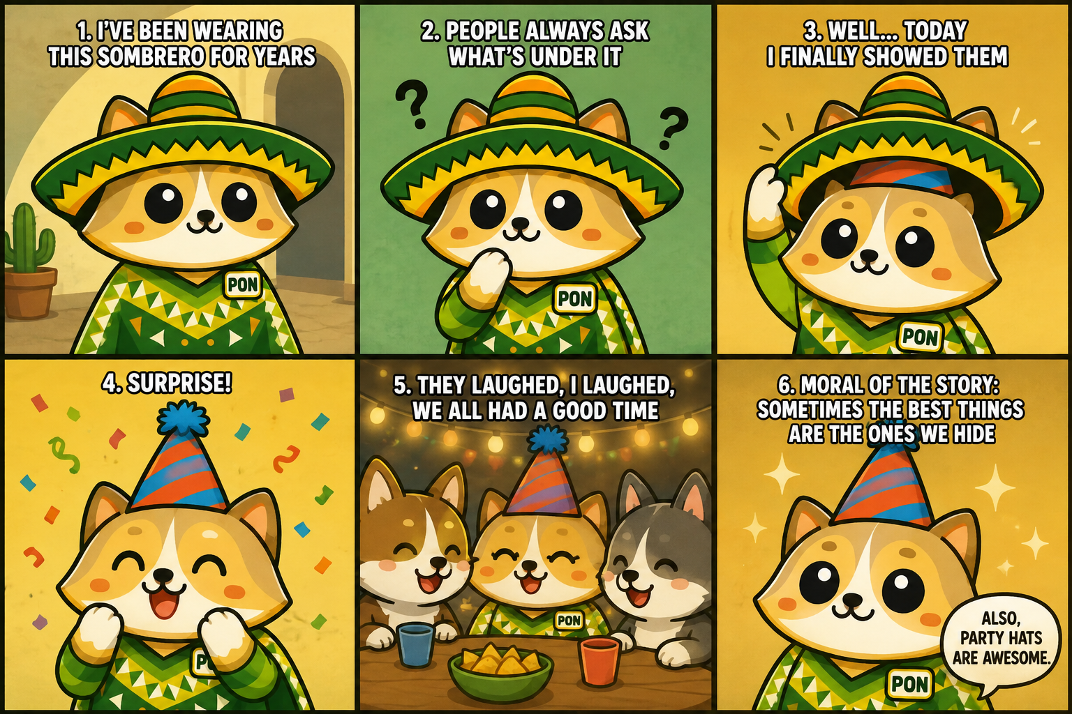 Six-panel colorful Poncho cartoon meme